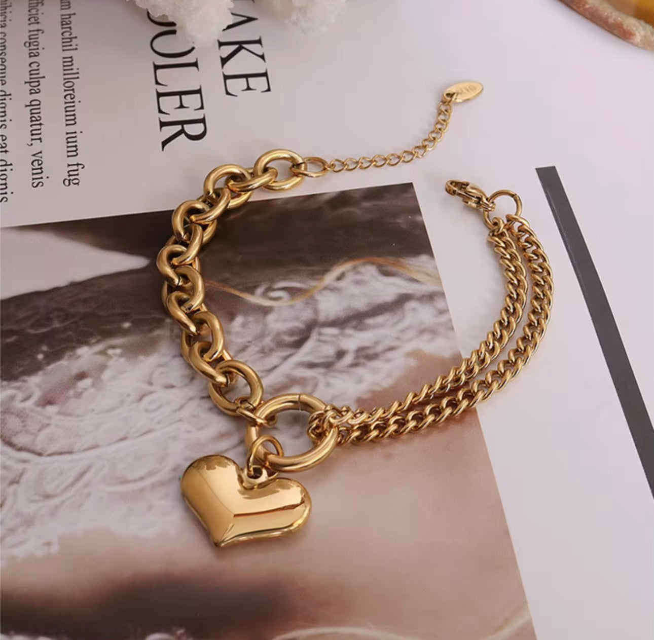 Heart chunky Cuban chain bracelet