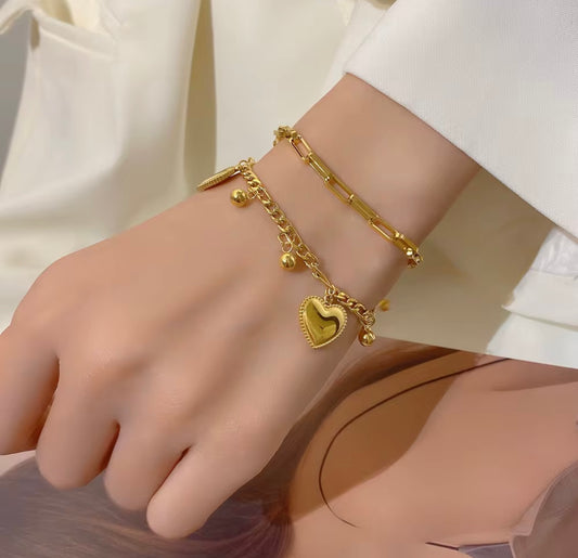 Double heart bead ball charm bracelet