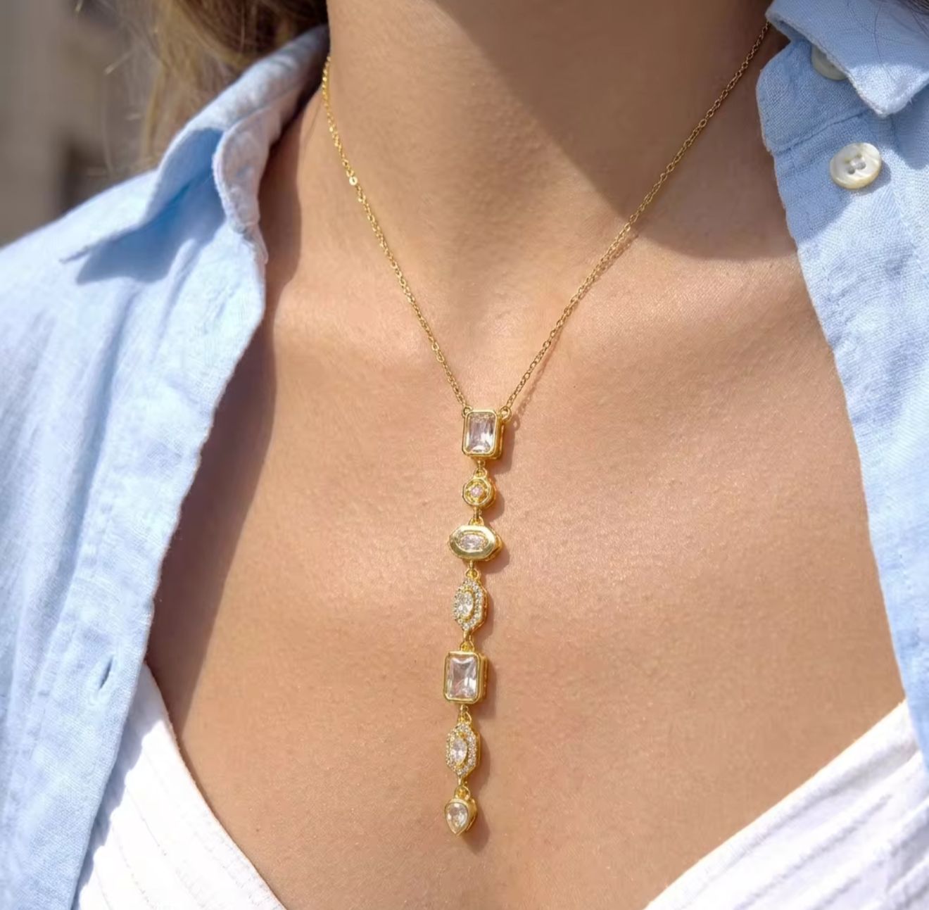 White stone Y necklace