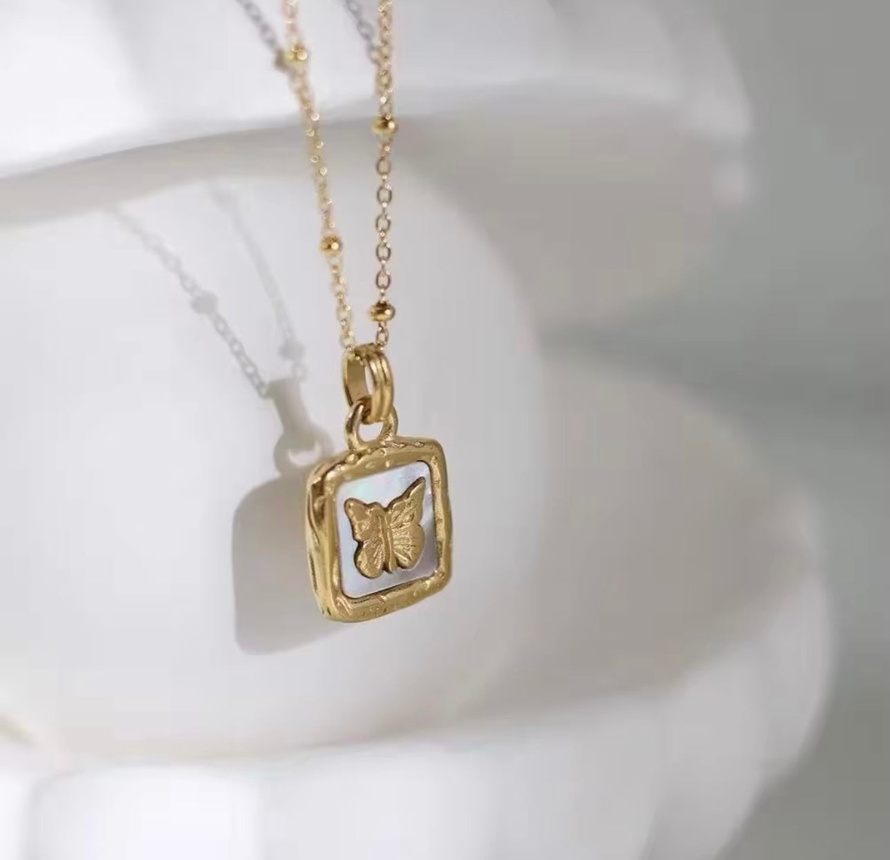18k  gold plated beaded chain butterfly pendant necklace