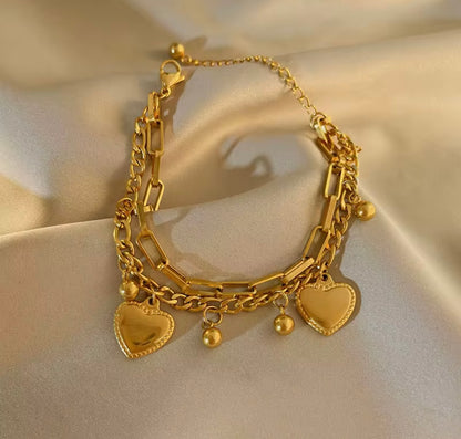 Double heart bead ball charm bracelet
