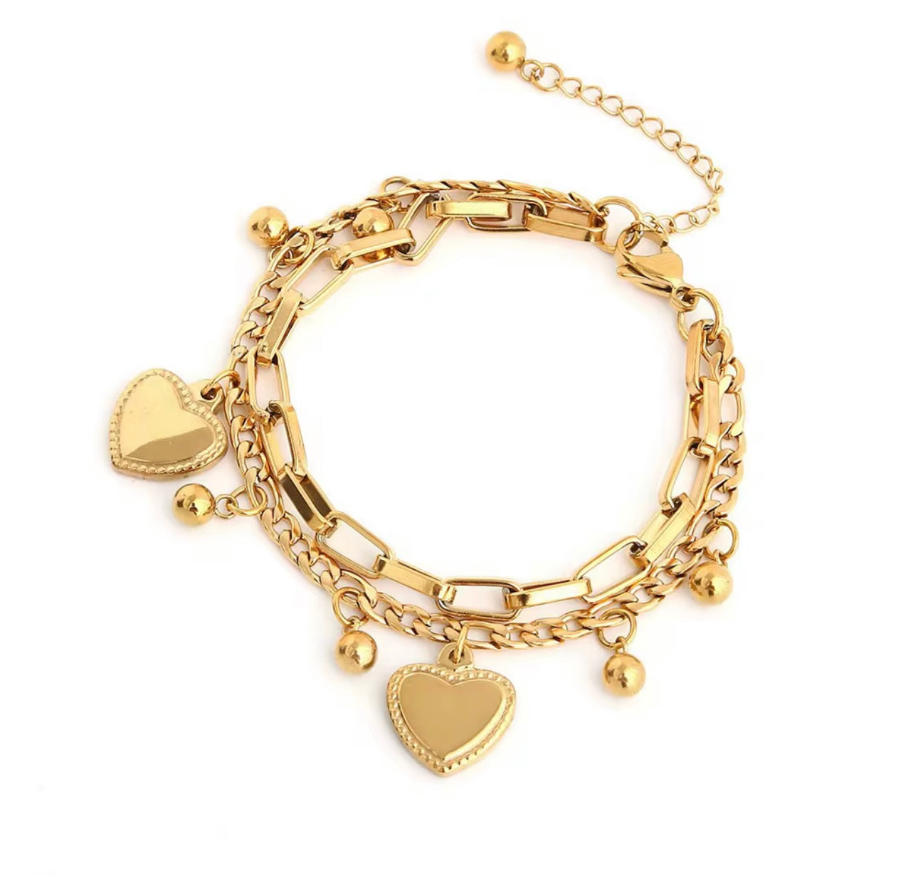 Double heart bead ball charm bracelet