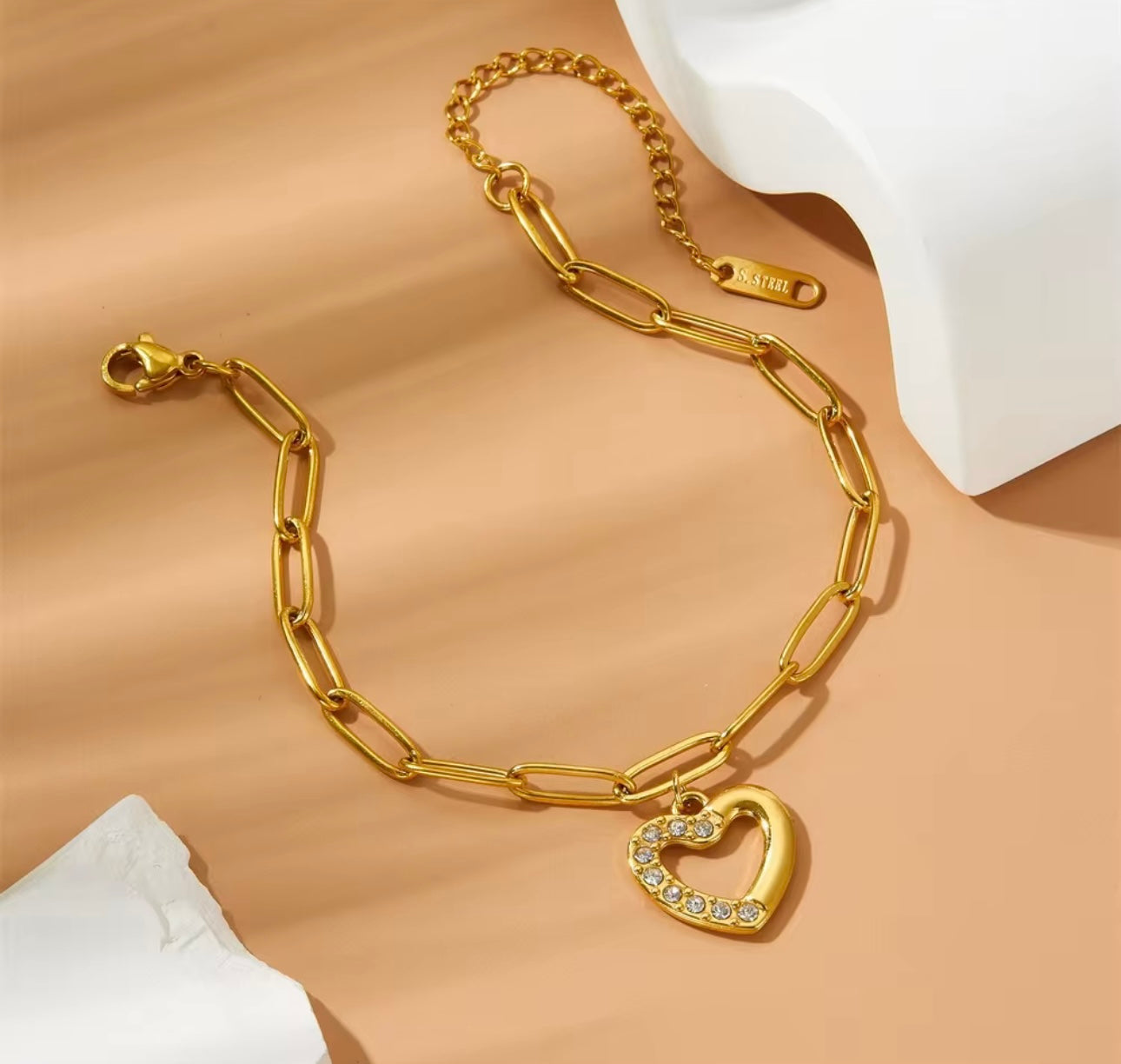 Heart diamond thick stainless steel bracelet