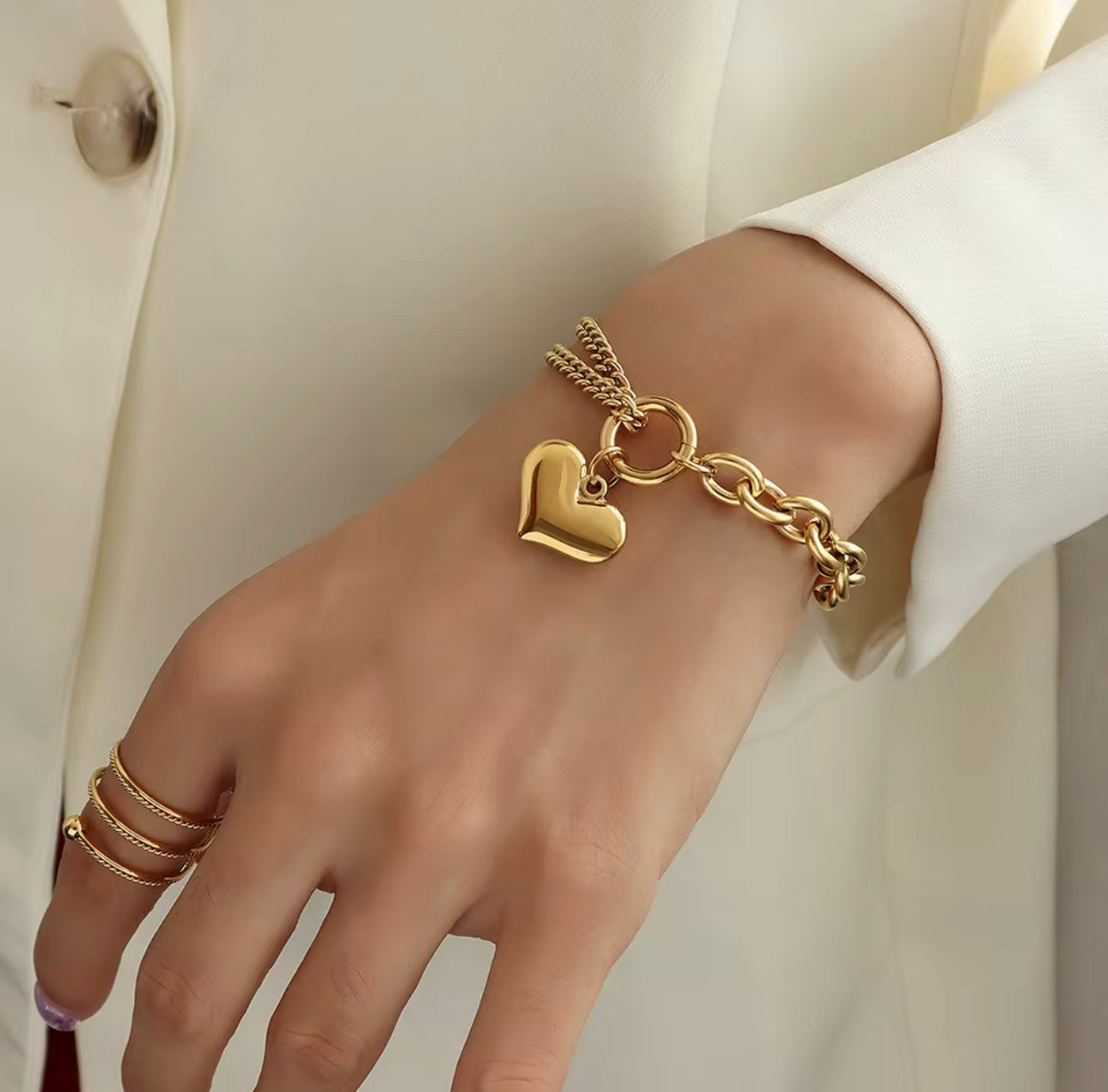 Heart chunky Cuban chain bracelet